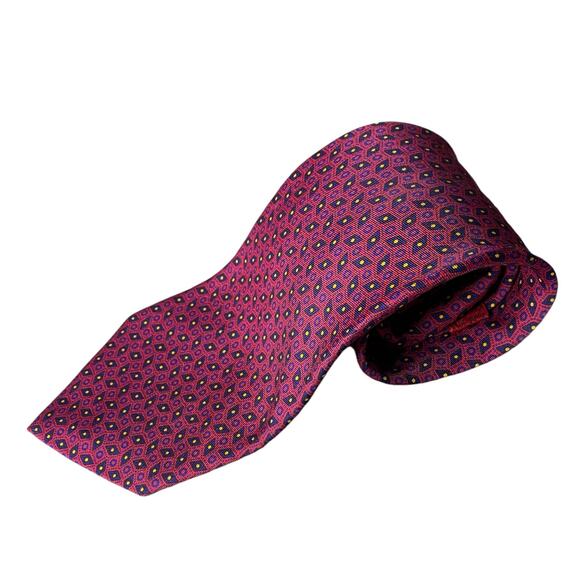 Balenciaga 100% Silk Necktie LUXURY Made in Italy Red with Blue Geometric Tie - Picture 10 of 16